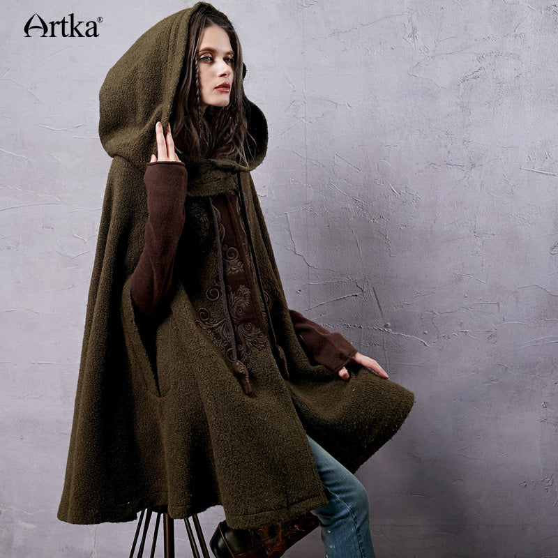 Women s Winter New Vintage Warm Woolen Hoodie Cloak Coat Embroidered D CANADA BRANDS