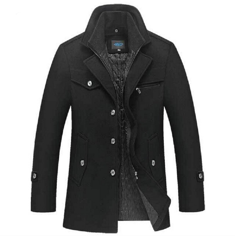 Men Label Collar Wool Trench Coat Long Jacket Overcoat Winter Warm British  Style
