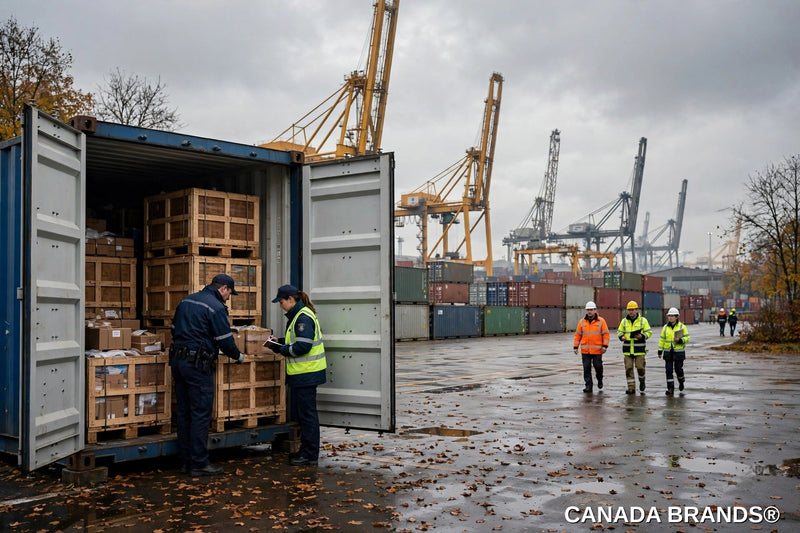 Container terminal at the Port of Antwerp, with customs officers inspecting an open cargo container