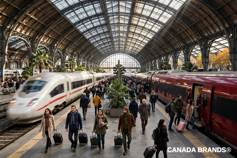 Spanish high-speed trains at a busy station in Spain