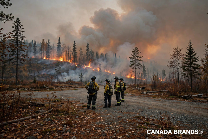 Wildfire burning through a boreal forest as firefighters watch from a clearing