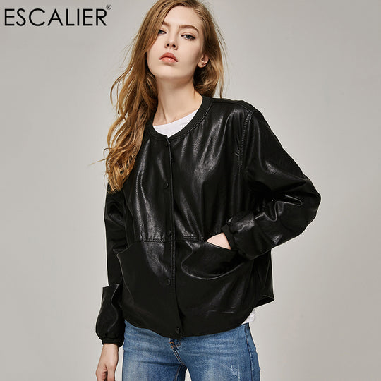 2017 Autumn Leather Jacket Women Casual Long Sleeve Button Slim Coat Fashion PU Leather Bomber Jacket Femininas