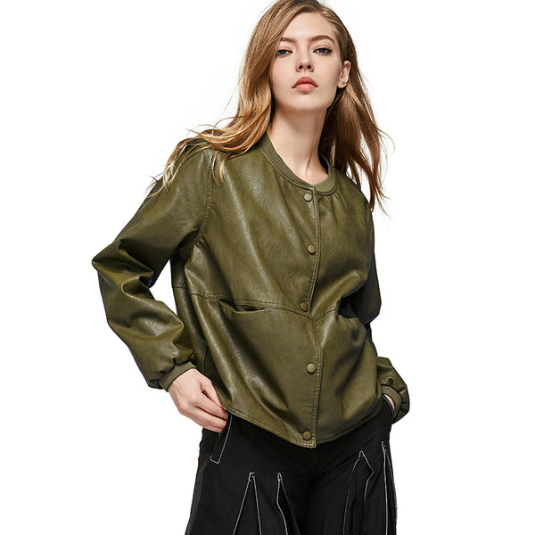 2017 Autumn Leather Jacket Women Casual Long Sleeve Button Slim Coat Fashion PU Leather Bomber Jacket Femininas