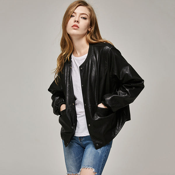 2017 Autumn Leather Jacket Women Casual Long Sleeve Button Slim Coat Fashion PU Leather Bomber Jacket Femininas