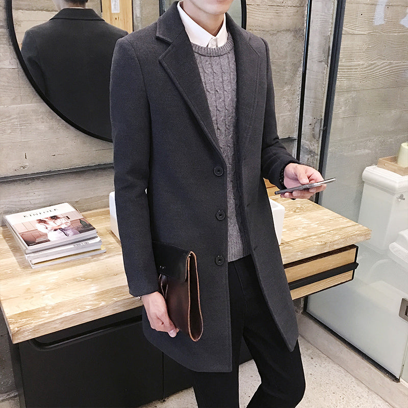 Britsh Style Trench Coat Men Slim Wool Coats Turn Collar Single Button Jackets Mens Overcoat Khaki Dark Grey 5XL4XL