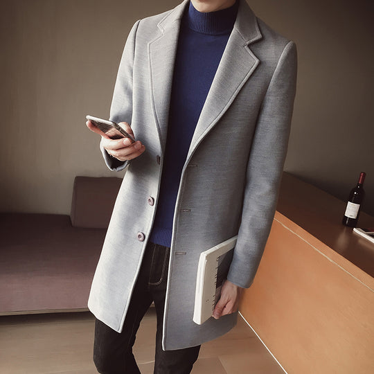 Britsh Style Trench Coat Men Slim Wool Coats Turn Collar Single Button Jackets Mens Overcoat Khaki Dark Grey 5XL4XL