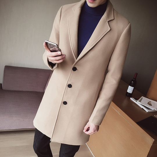 Britsh Style Trench Coat Men Slim Wool Coats Turn Collar Single Button Jackets Mens Overcoat Khaki Dark Grey 5XL4XL