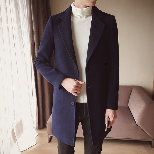 Britsh Style Trench Coat Men Slim Wool Coats Turn Collar Single Button Jackets Mens Overcoat Khaki Dark Grey 5XL4XL