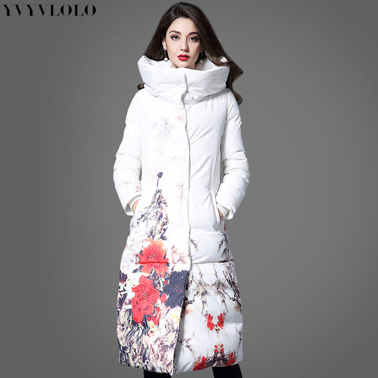 Flower printing women winter jacket Long slim women Parka Coat White high collar warm Down jackets