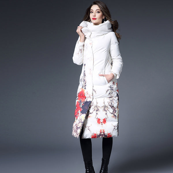 Flower printing women winter jacket Long slim women Parka Coat White high collar warm Down jackets