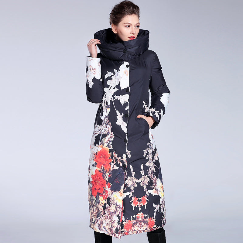 Flower printing women winter jacket Long slim women Parka Coat White high collar warm Down jackets