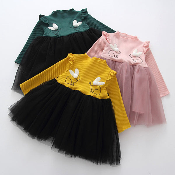 2018 New Brand Baby Dresses Long Sleeve Rabbit embroidery Party Prom Lace Bebes Girls Clothes Fashion Toddler Clothing