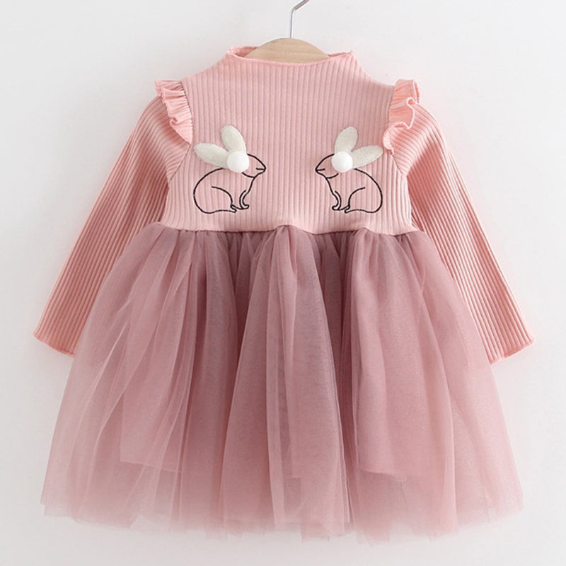 2018 New Brand Baby Dresses Long Sleeve Rabbit embroidery Party Prom Lace Bebes Girls Clothes Fashion Toddler Clothing