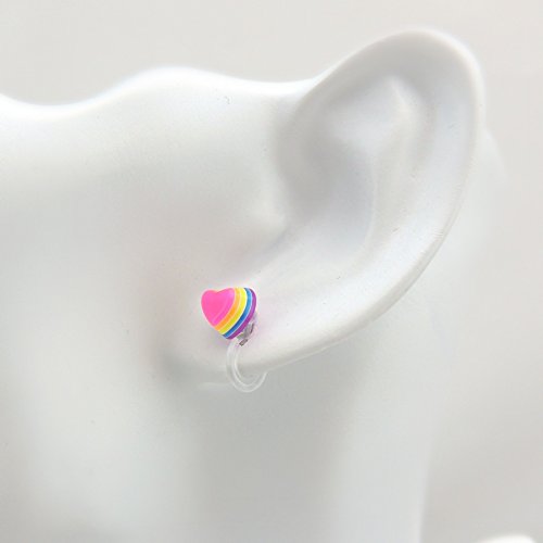 Rainbow Heart Earrings on Invisible Clip On Backs for Non-Pierced Ears