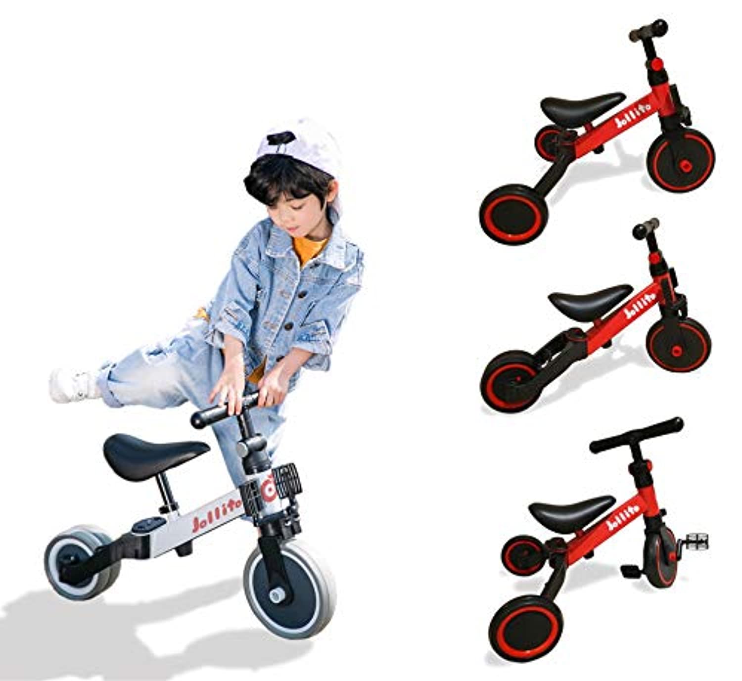 Jollito 3-in-1 Kids Tricycle Indoor/Outdoor Pushbike Balance Bike Baby Trike Baby Toddler Ride-On Bike Multifunctional (RED) 1-3 Yrs