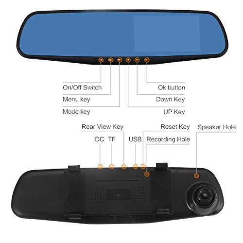 Dual Lens Car Camera, Oxygentle Rear View Reverse Mirror Backup Camera, 1080P Full HD Dash Cam Car Recorder DVR with 4.3 Inch Screen, 120 Degree Wide Angle Lens with G-Senor