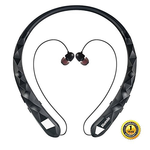 Bluetooth Headphones Bluenin Wireless Headphones Neckband Retractable Earbuds Noise Cancelling Stereo Headset Sport Sweatproof Earphones with Mic for iPhone Andriod Cell Phone Tablets TV (Rose Gold)