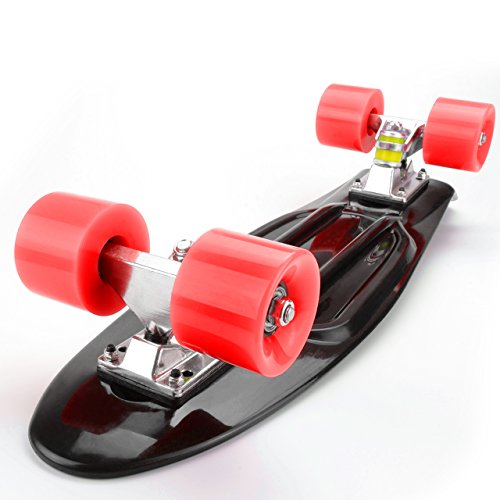 PHAT ® 22" Complete Plastic Retro Mini Skateboard Cruiser Street Surfing Skate Banana Board (Black-Red)