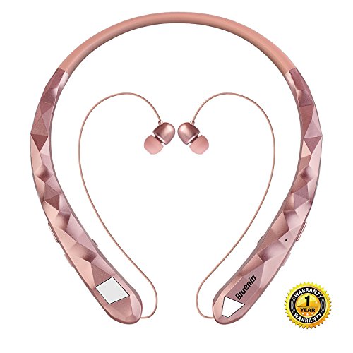 Bluetooth Headphones Bluenin Wireless Headphones Neckband Retractable Earbuds Noise Cancelling Stereo Headset Sport Sweatproof Earphones with Mic for iPhone Andriod Cell Phone Tablets TV (Rose Gold)