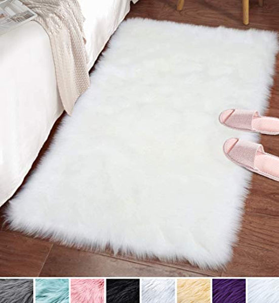 LOCHAS Stylish Ultra Soft Silky Fluffy Shag Faux Sheepskin Area Rug,Rugs for Living Room Bedroom Nursery Floor,2ft x 3ft,White