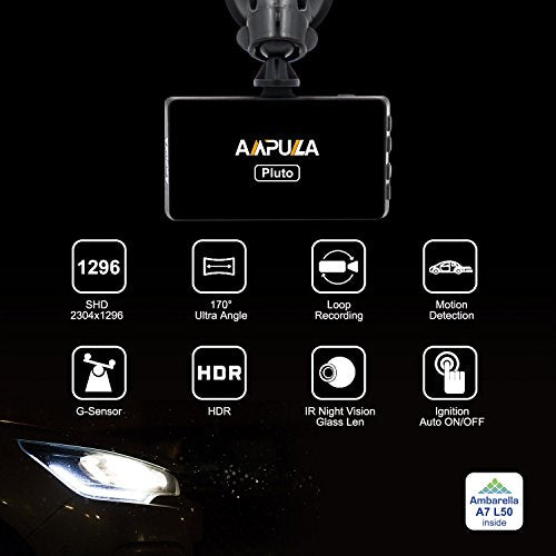 Ampulla Pluto dash cam 2K Full HD 1296P 2560x1080 170° Wide Angle 3" with HDR, Parking Mode, Super Night Vision, Motion Detection, G-Sensor, Loop Recording, HDR