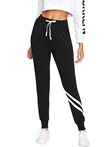 SweatyRocks Women Pants Color Block Casual Tie Waist Yoga Jogger Pants