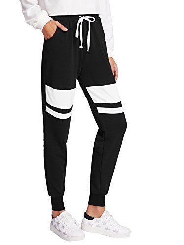 SweatyRocks Women Pants Color Block Casual Tie Waist Yoga Jogger Pants