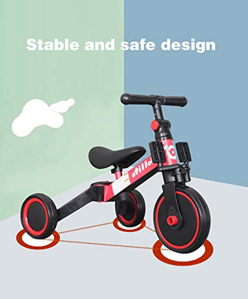 Jollito 3-in-1 Kids Tricycle Indoor/Outdoor Pushbike Balance Bike Baby Trike Baby Toddler Ride-On Bike Multifunctional (RED) 1-3 Yrs