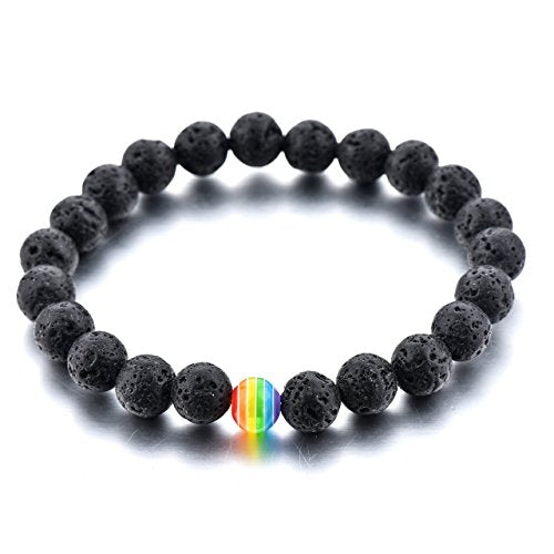 LGBT Relationship Bracelet | 2 Pieces | White Howlite, Black Lava Rock, Rainbow Resin | Oil Diffuser Beads | Gay Couples Strong Cord | Handmade | Love is Colorful