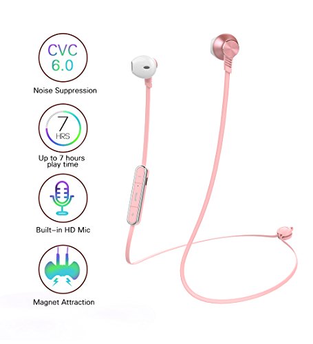 Bluetooth Headphones, Langsdom Sport Stereo Wireless Earphone Hands Free Noise Cancelling Bluetooth Earbud with Microphone Volume Control for Gym, Running, Jogging, Workout (Rose Gold,L5)