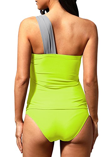 Women's One Shoulder Swimsuit Sexy Two Piece Ruched Tankini Tummy Control Bikini Set