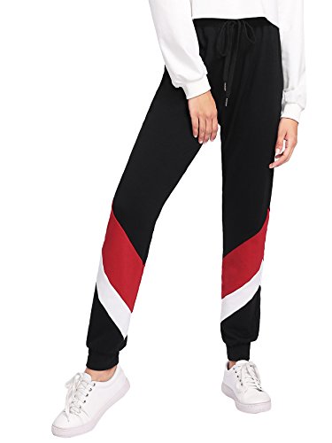 SweatyRocks Women Pants Color Block Casual Tie Waist Yoga Jogger Pants