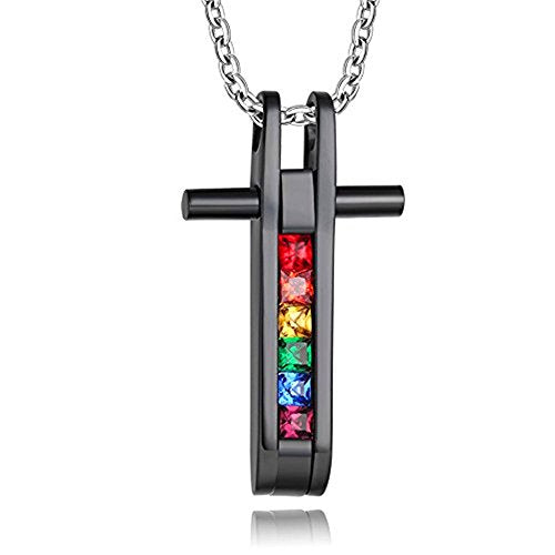 JewelBeauty Stainless Steel Unisex Gay & Lesbian LGBT Pride Crystal Pendant Rainbow Rhinestone Cross Necklace (Silver Base #2)