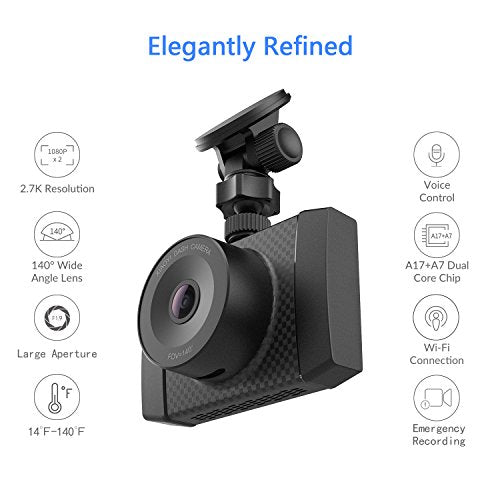 YI 2.7K Ultra Dash Cam with 2.7" LCD Screen, Dual-Core Processor, MEMS 3-axis G-Sensor, Voice Control and Night Vision