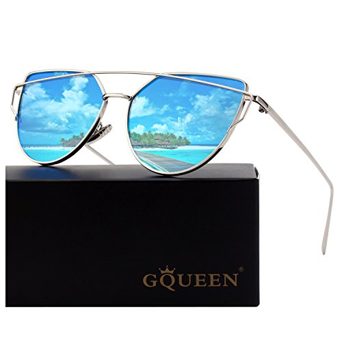 GQUEEN Women's Oversized Polarized Metal Frame Mirrored Cat Eye Sunglasses MT3