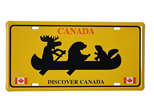DISCOVER CANADA - BEAVER, BEAR, MOOSE On Boat Souvenir CAR License Plate .. Size : 12" x 6" Inch ( 31 x 15.5 Cm ) .. New