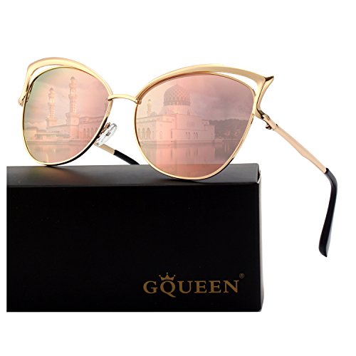 GQUEEN Women's Oversized Polarized Metal Frame Mirrored Cat Eye Sunglasses MT3