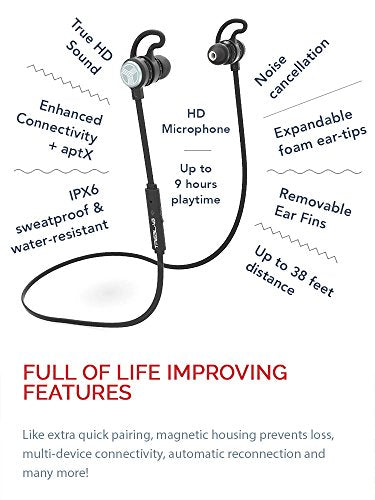 TREBLAB J1 Bluetooth Earbuds, Best Wireless Headphones for Sports Gym Running. [2018 Upgraded] IPX6 Waterproof Sweatproof, Magnetic Secure-Fit Headset. Noise Cancelling Earphones w/Microphone Mic