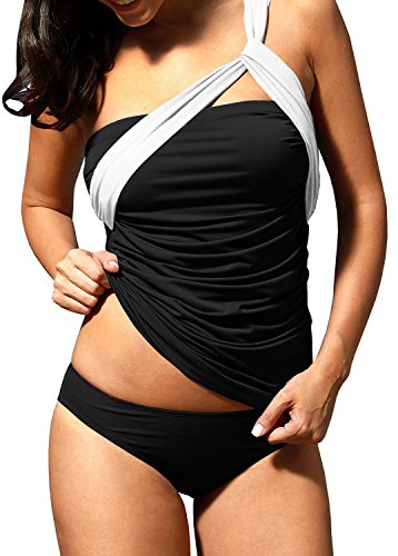 Women's One Shoulder Swimsuit Sexy Two Piece Ruched Tankini Tummy Control Bikini Set