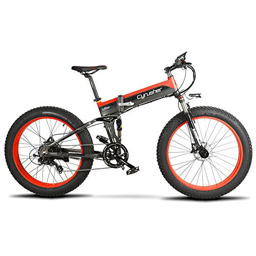 Vtsp T750 Plus Sports Version 500W 48V 10Ah Electric Bicycle 26 Inch Fat Tire Bikes Full suspension Foldable Electric Ebike Snow Mountain Bikes Shimano 27 Shifting System Ebike High Quality Gift For Man (Black Red)