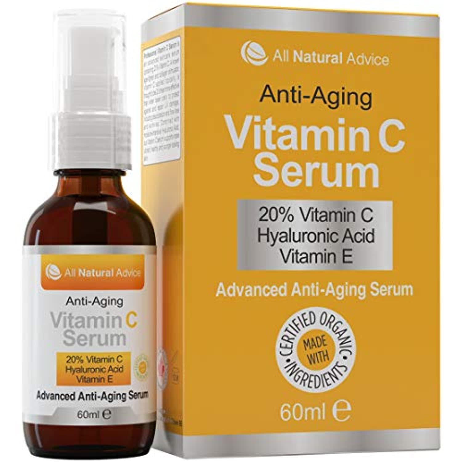 20% Vitamin C Serum - 60 ml / 2 oz Made in Canada - Certified Organic Ingredients + 11% Hyaluronic Acid + Vitamin E Moisturizer + Collagen Boost - Anti-Aging, while reducing Sun Spots, Wrinkles and Dark Circles, Excellent for Your Skin + Includes Pump & D