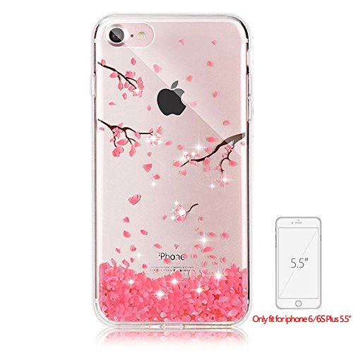 Bling Transparent Case For Iphone 6 6S PLUS, Girlyard Crystal Glitters Peach Flower Design Case Cover Ultra Clear Silicone Bling Protective Case Cover Shell Rhinestones Slim Fit Soft Back Case Cover