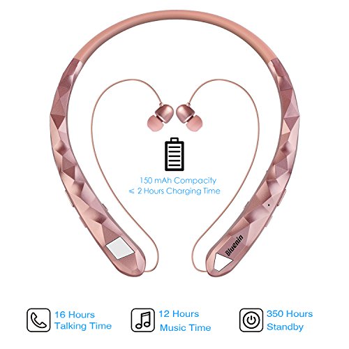 Bluetooth Headphones Bluenin Wireless Headphones Neckband Retractable Earbuds Noise Cancelling Stereo Headset Sport Sweatproof Earphones with Mic for iPhone Andriod Cell Phone Tablets TV (Rose Gold)