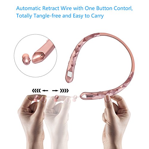 Bluetooth Headphones Bluenin Wireless Headphones Neckband Retractable Earbuds Noise Cancelling Stereo Headset Sport Sweatproof Earphones with Mic for iPhone Andriod Cell Phone Tablets TV (Rose Gold)