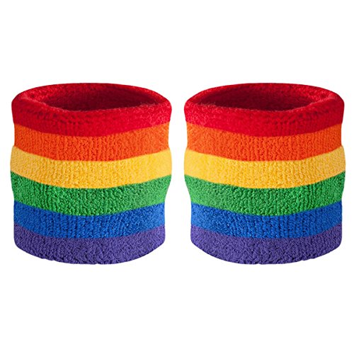 Suddora Wrist Sweatbands - Athletic Cotton Terry Cloth Wristbands for Sports (Pair) (Rainbow)