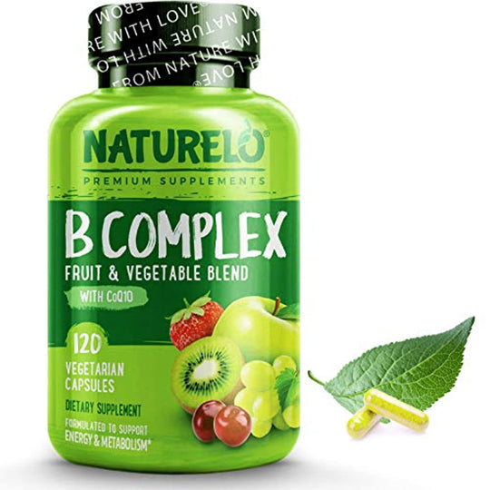 NATURELO B Complex - Whole Food - with Vitamin B6, Folate, B12, Biotin - Vegan - Vegetarian - Best Natural Supplement for Energy and Stress - High Potency - Non GMO - Gluten Free - 120 Capsules