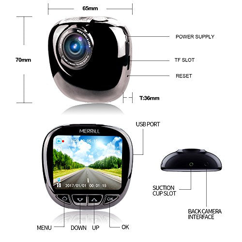 MERRiLL Dash Cam Dual Cameras 1080P 170° Wide Angle 5 megapixel with Night Vision, Parking Monitor, 32GB card