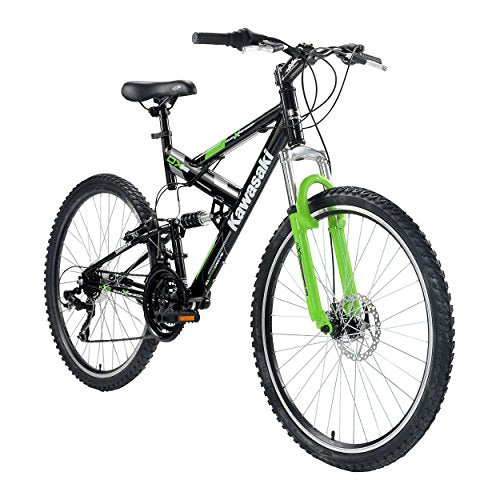 Kawasaki DX Full Suspension Mountain Bike, 26 inch Wheels, 19 inch Frame, Men's Bike, Black/Green
