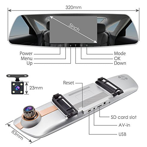 Accfly 5 Inch Touch Screen Mirror Dash Cam,Dual Dash Camera With Backup Camera Dashboard Camera Video Recorder with G-Sensor, Night Vision, Reversing Camera, Parking Monitor