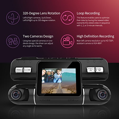 Pruveeo MX2 Car Dash Cam Dual Lens 120 plus 120 Degree Wide Angle, Dash Camera for Cars, Dashboard Camera Car Driving Recorder DVR